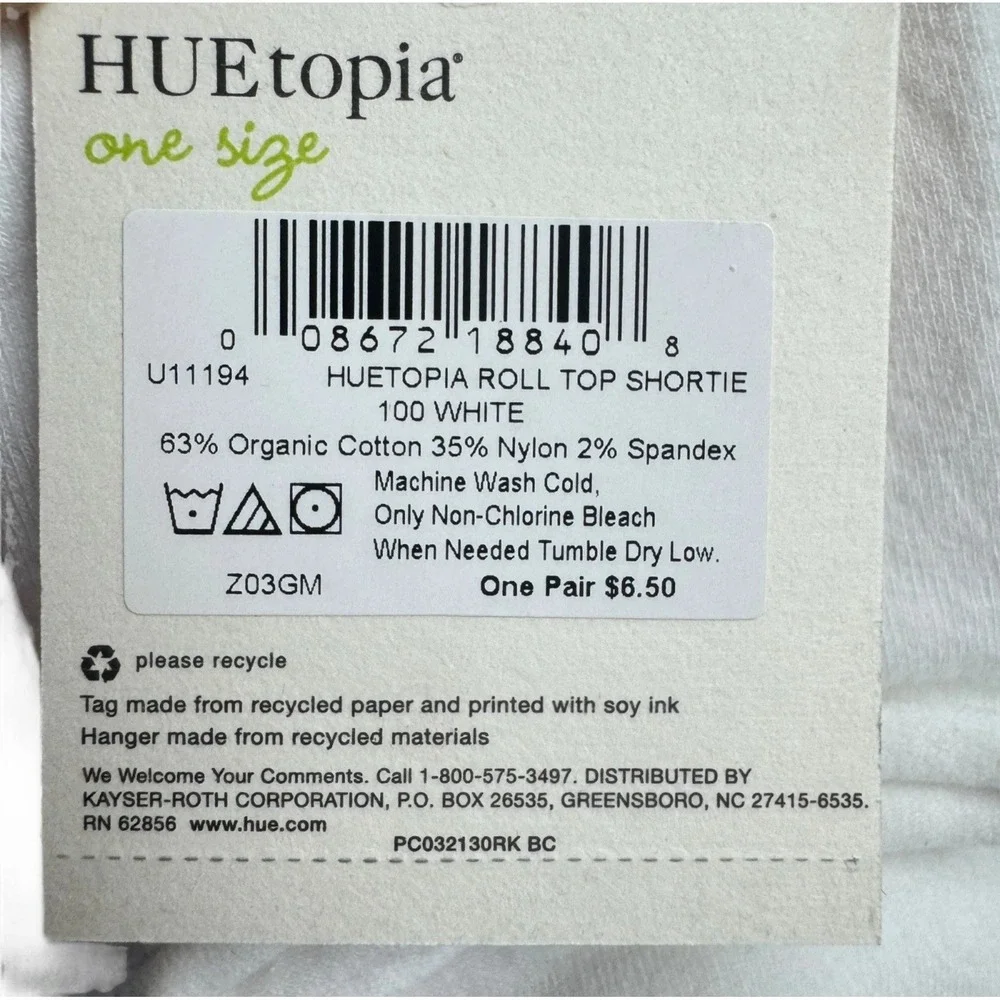 Hue HUEtopia Womens Solid White Roll Top Shortie Socks OSFM 6 Pairs Cotton Blend